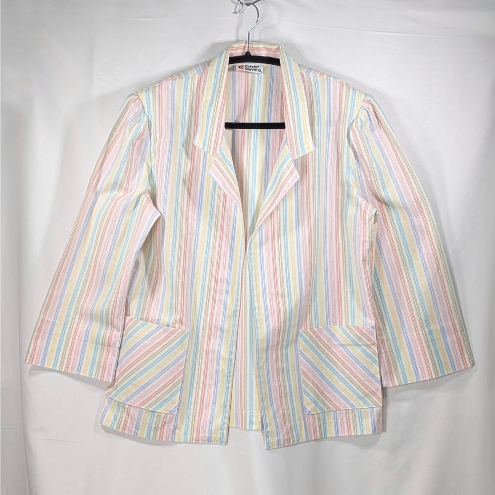 Vintage 80s Multicolor Pastel  Striped Blazer Open wear Women's 12